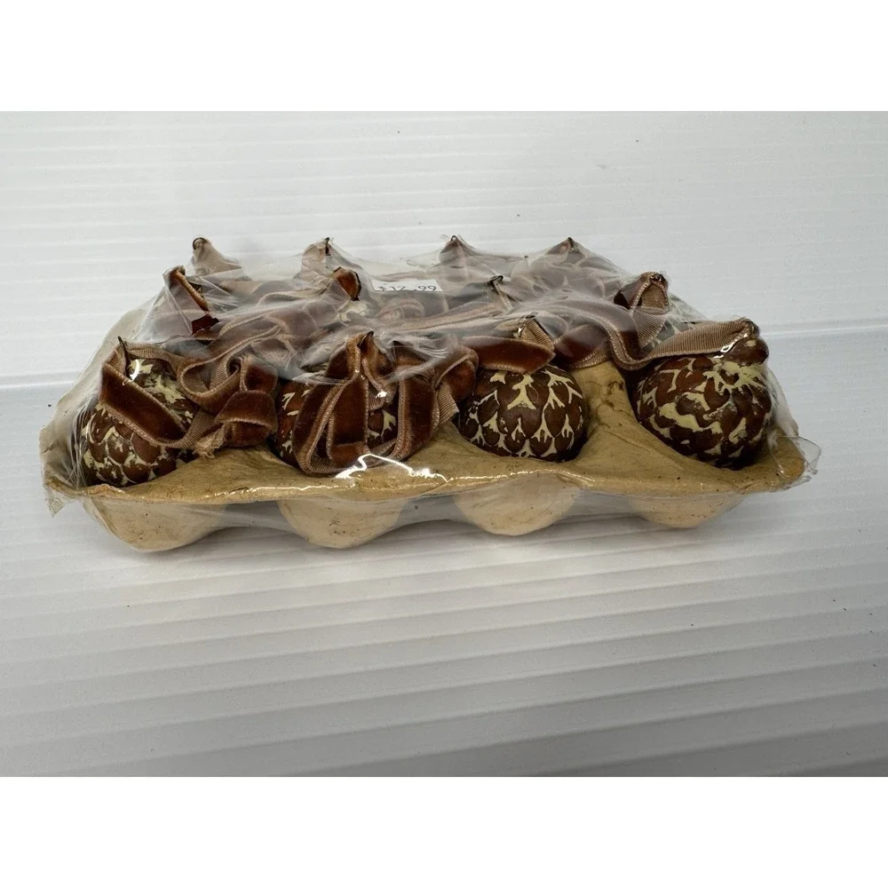Pottery Barn Set of 12 Acorn Pine Cone Christmas Ornaments Velvet Ribbon NIP